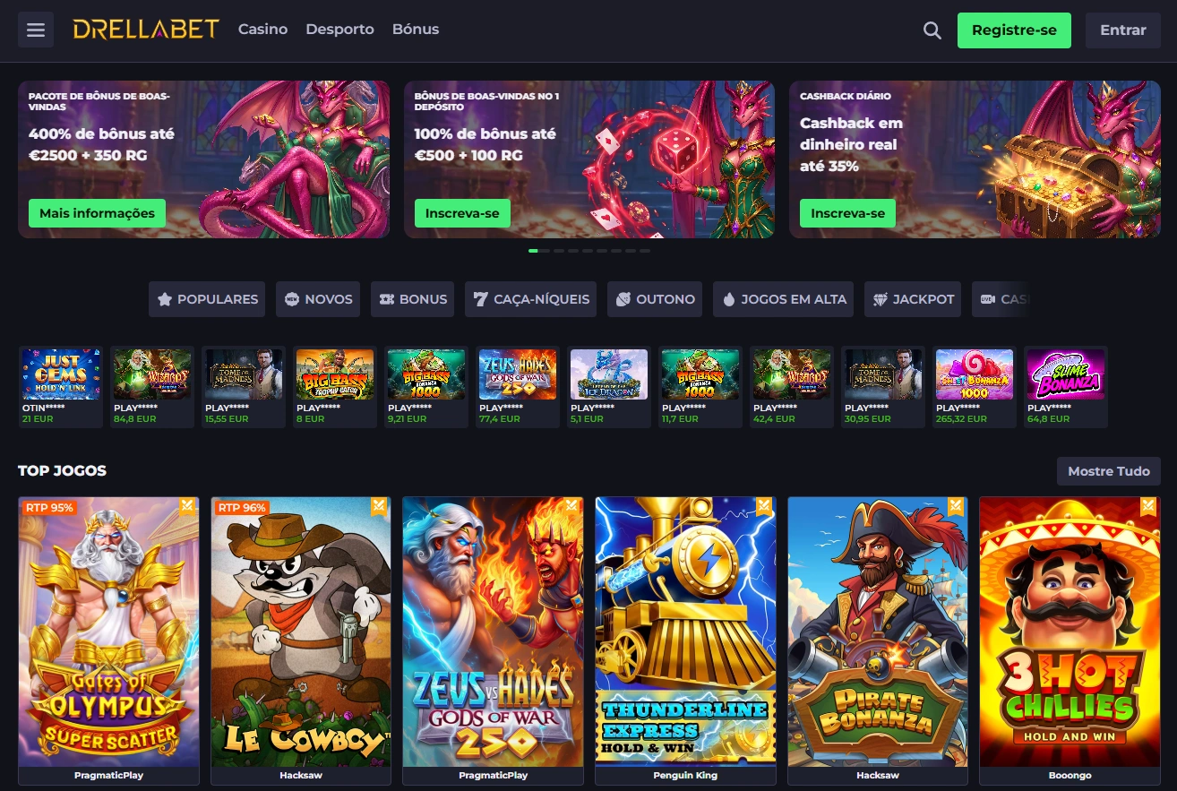 Página principal do casino DrellaBet em Portugal